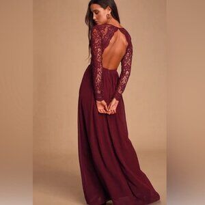 NWT Lulus Burgundy Awaken My Love Long Sleeve Open Back Lace Maxi Dress, Size S